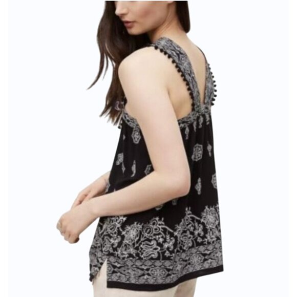 Loft Black, White Printed Sleeveless Pom Pom Trim Swing Tank Top V Neck Boho XSP - Picture 3 of 12